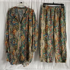 Belezza Paisley Print Boho Tunic Top and Pants Set in Multicolor Size 54 NWOT